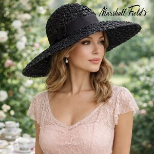 VTG Marshall Field’s Black WideBrim Derby,Church,Garden,Party, Straw Hat Classic